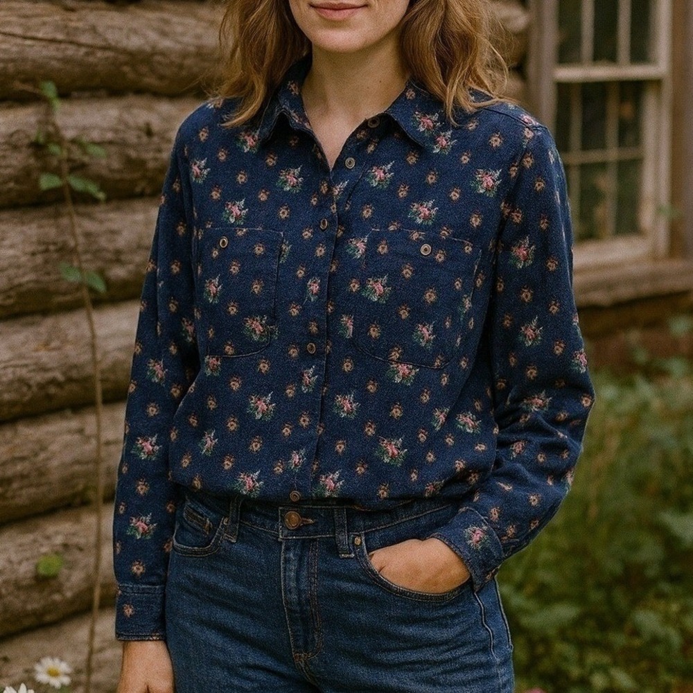 Eddie Bauer Vintage Floral Corduroy Button Down Top Shirt